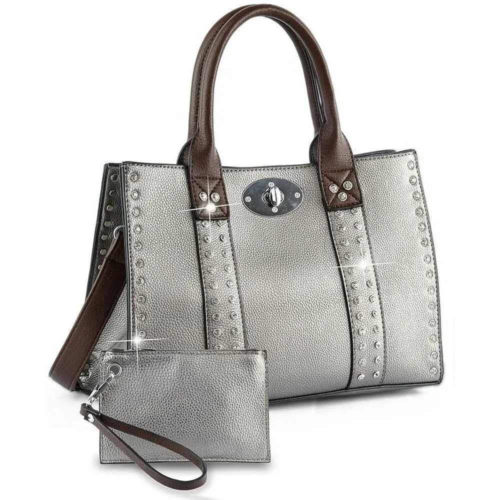 Women's Pewter Accessorized Twist Lock Satchel Purse Handbag for Women
